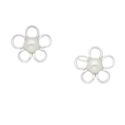 Sterling Silver Pearl Centre Open Flower Earrings