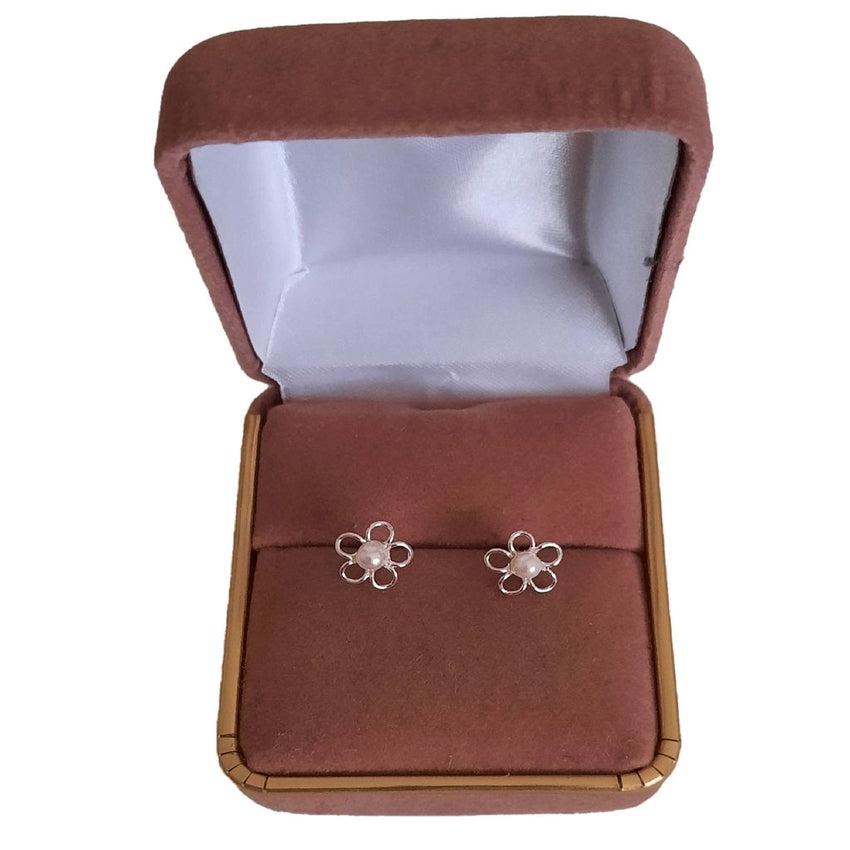 Sterling Silver Pearl Centre Open Flower Earrings