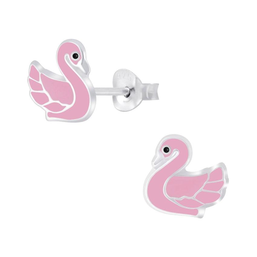 Sterling Silver Pink Swan Childrens Earrings