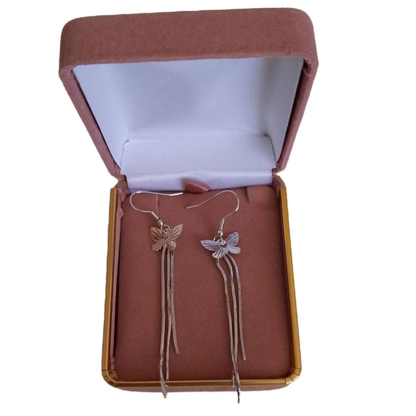 Sterling Silver Rhodium Plated Dangly Butterfly Earrings