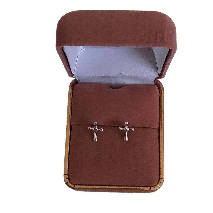 Sterling Silver Round Edged Cross Communion Girls Earrings