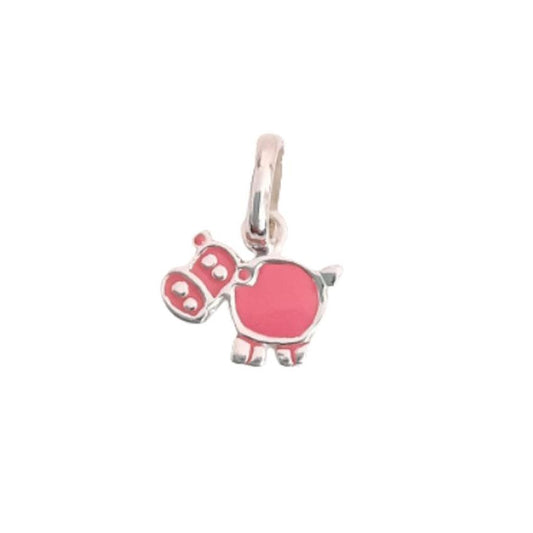 Sterling Silver Small Pretty Childs Enamel Pink Cow Pendant