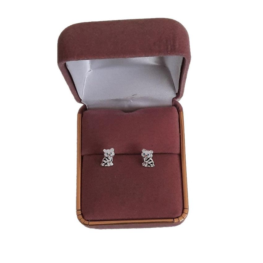 Sterling Silver Striped Cat Small Stud Earrings