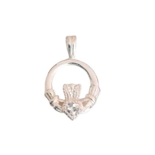 Sterling Silver Traditional Cubic Zirconia Set Claddagh Pendant