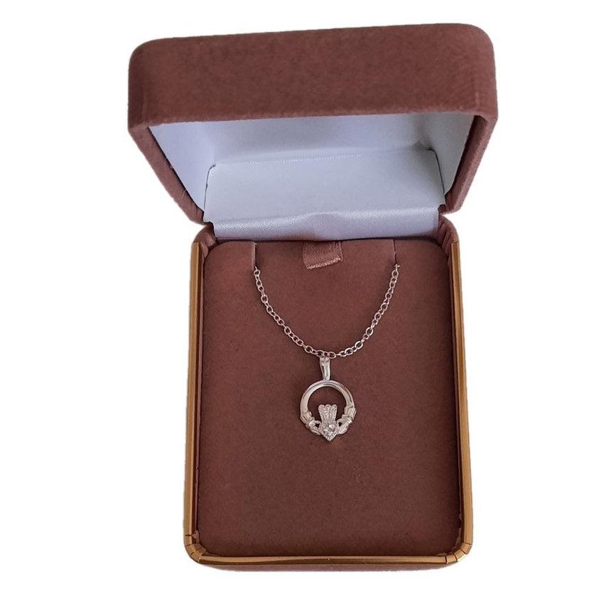 Sterling Silver Traditional Cubic Zirconia Set Claddagh Pendant