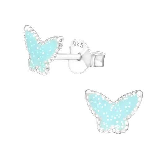 Sterling Silver Blue Glitter Butterfly Earrings