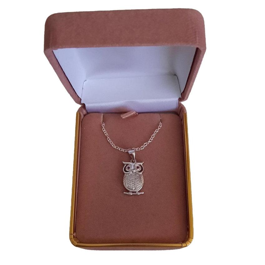 Sterling Silver Garnet Eyed Owl Pendant With a Cubic Zirconia Body
