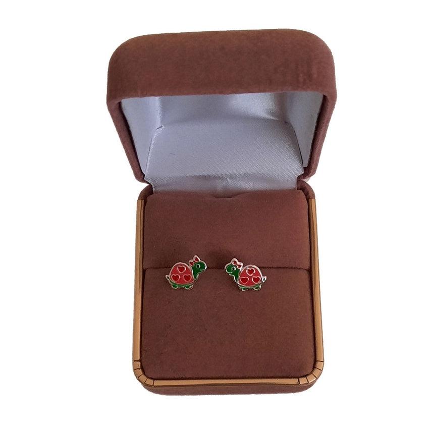 Sterling Silver Kids Red Turtle Earrings