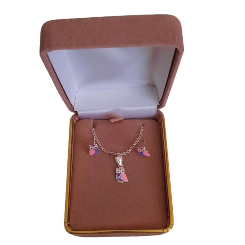 Sterling Silver Owl Childs Matching Earrings And Necklace Set