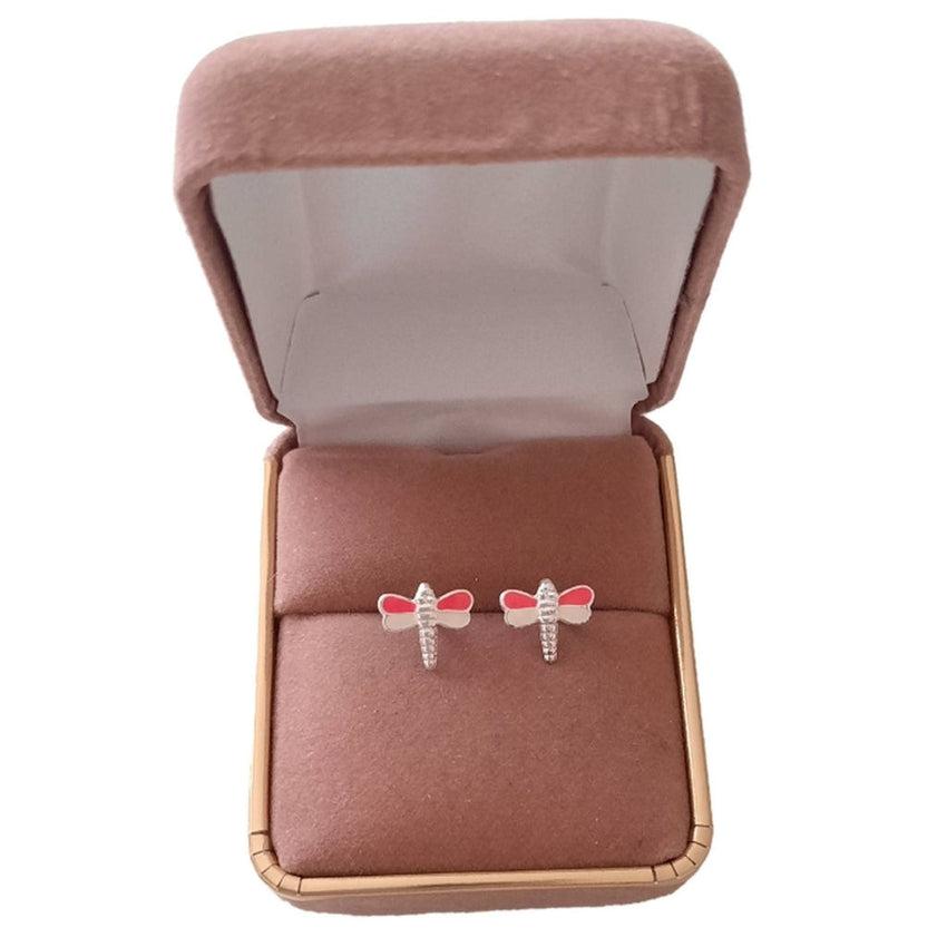 Sterling Silver Pink And White Kids Dragonfly Earrings