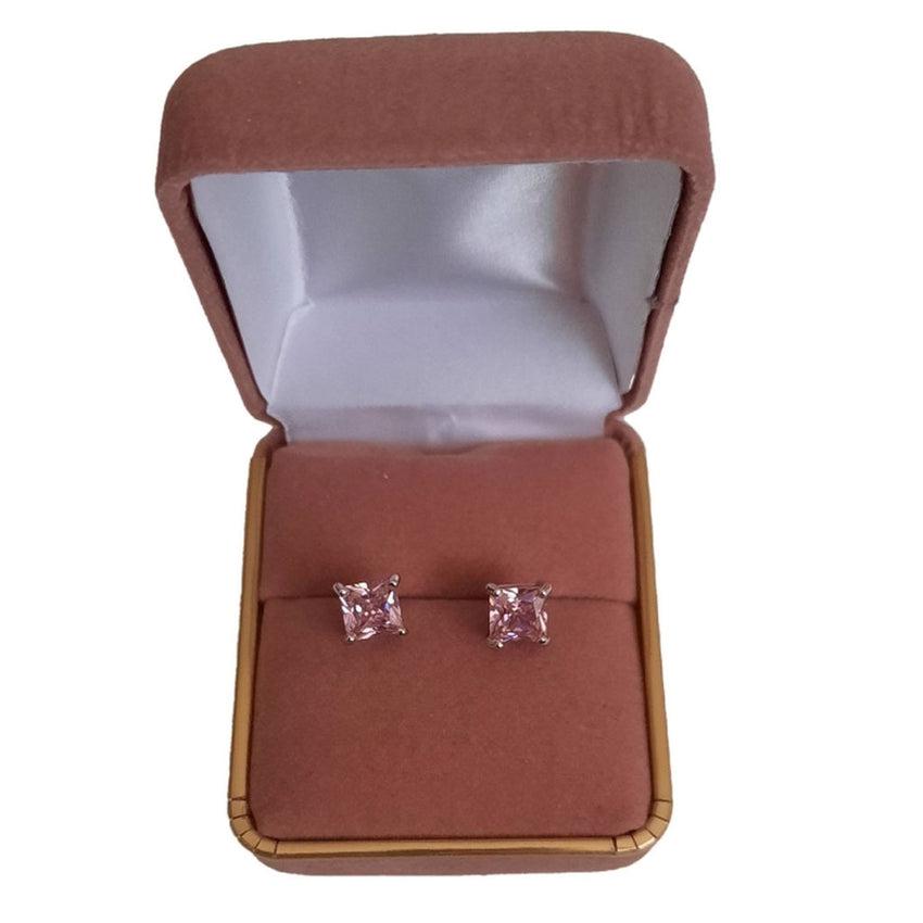 Sterling Silver Pink Square Stud Earrings