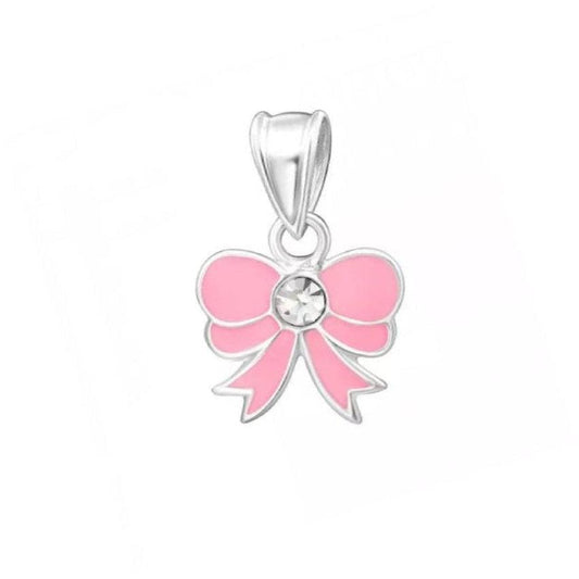 Sterling Silver Pretty Girls Pink Enamel Bow Necklace