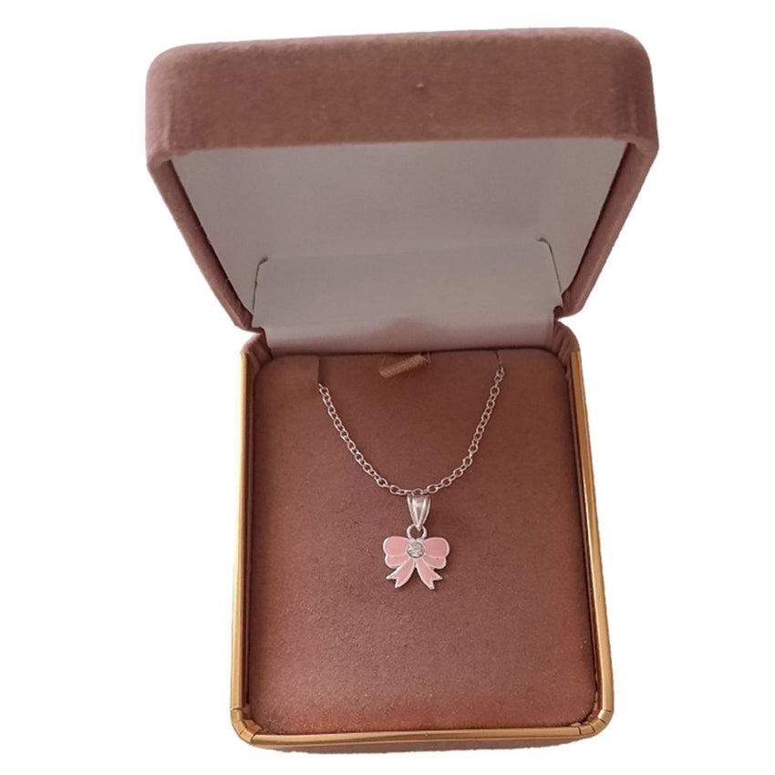 Sterling Silver Pretty Girls Pink Enamel Bow Necklace