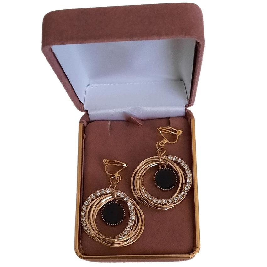 Swirl Circle Black Diamante Clip On Earrings