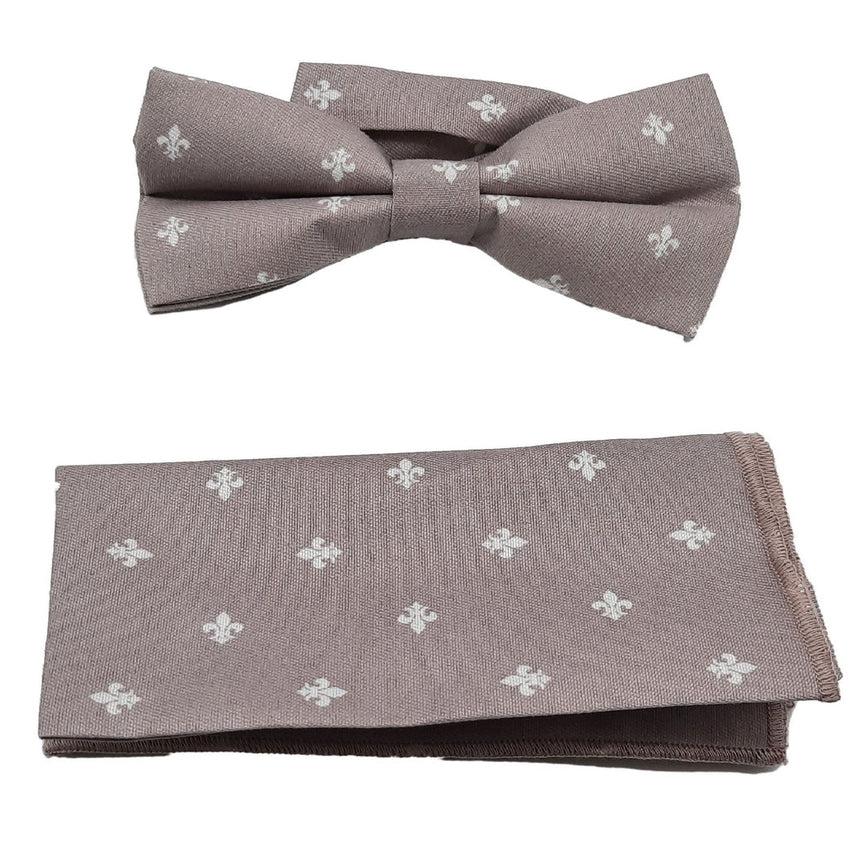 Taupe With White Fleur De Lys Bow Tie Set