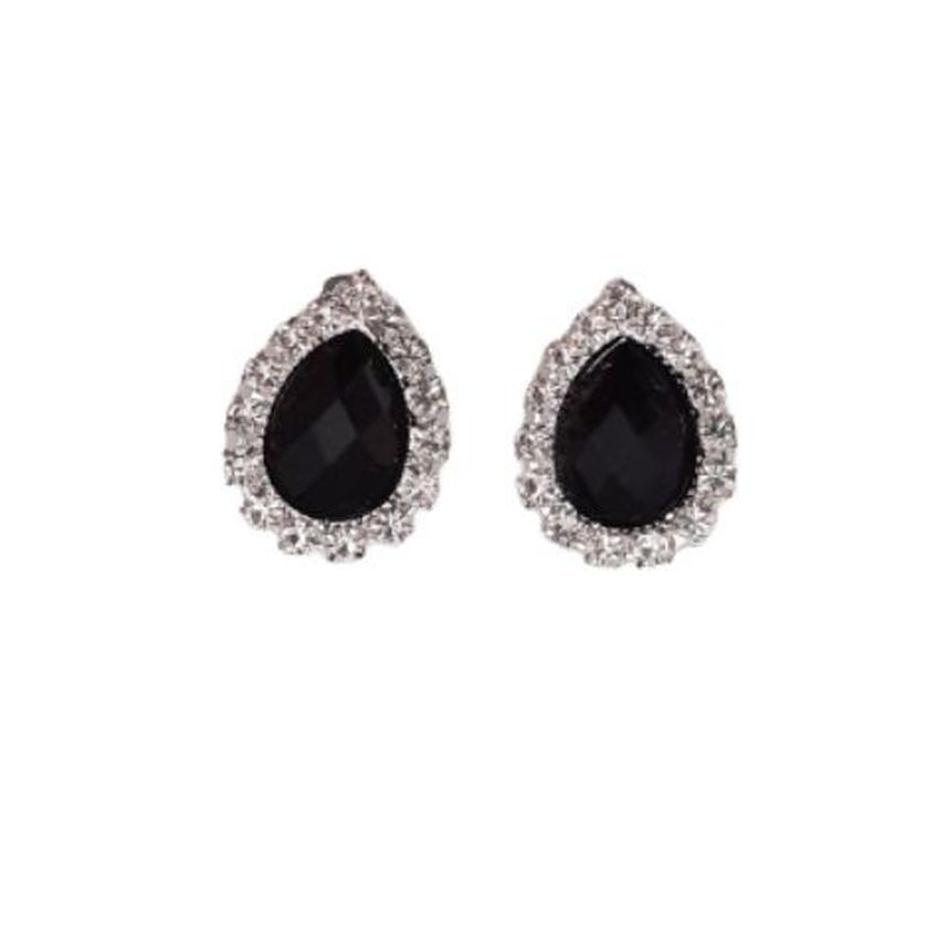 Tear Drop Black Crystal Clip On Earrings