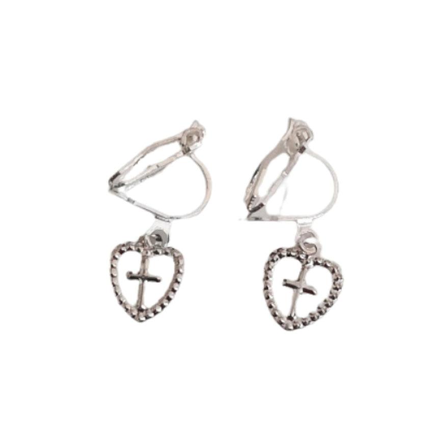 Tiny Cross In A Heart Clip On Earrings