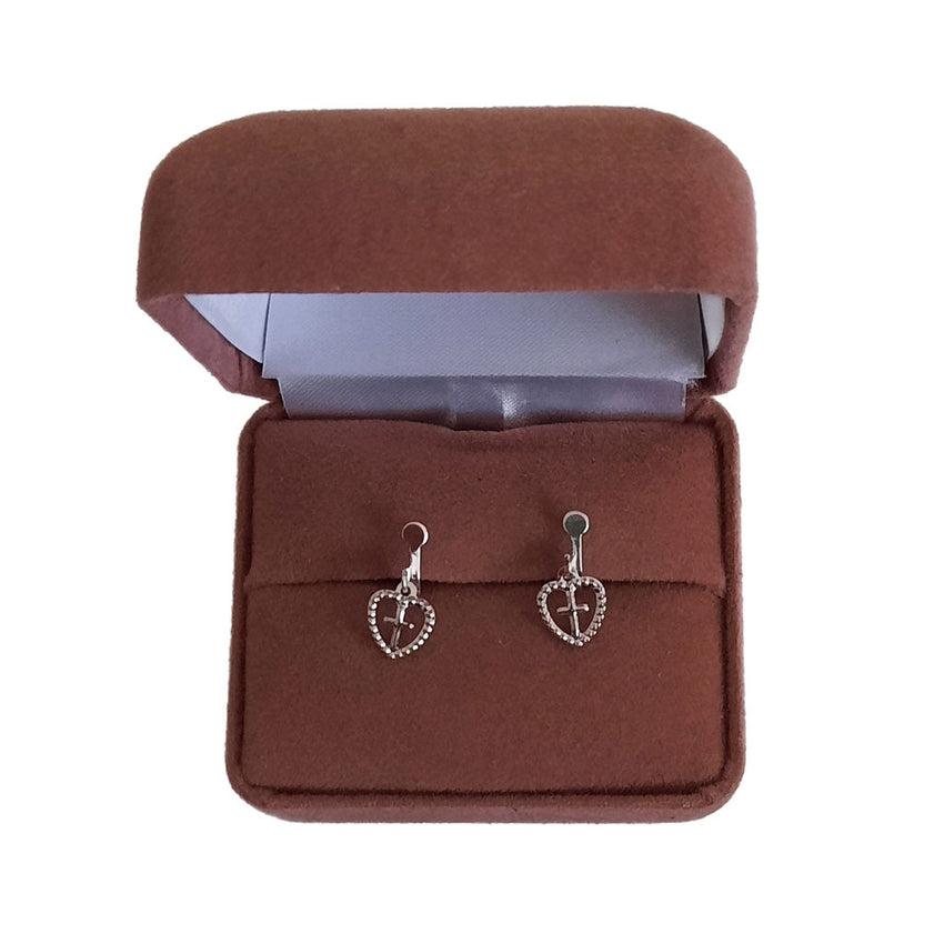 Tiny Cross In A Heart Clip On Earrings