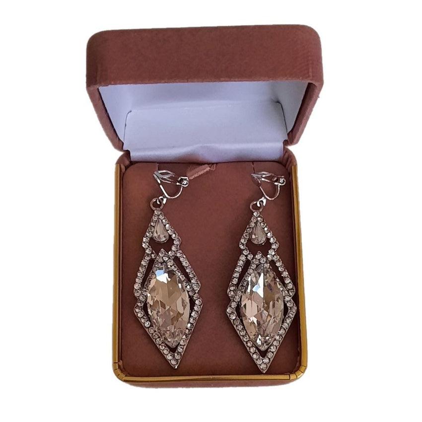 Triangle Drop Diamante And Silver Clip On Earrings