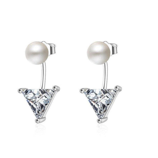Triangle And Pearl Double Drop Silver Earrings