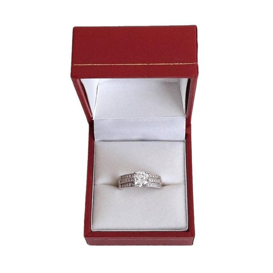 Triple Row Cubic Zirconia Band Sterling Silver Ring With A Solitaire Centre