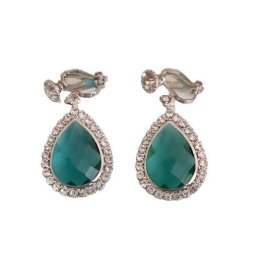 Turquoise Green Crystal Clip on Earrings
