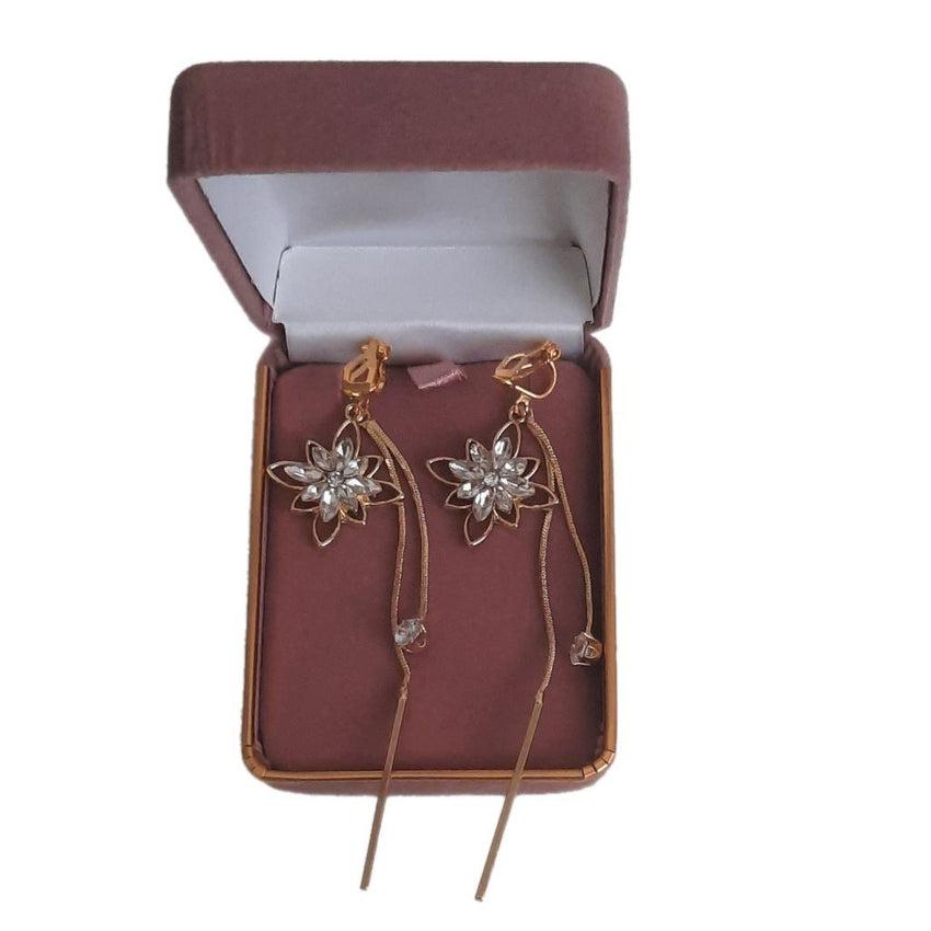 Very Long Diamante Flower Clip On Earrings