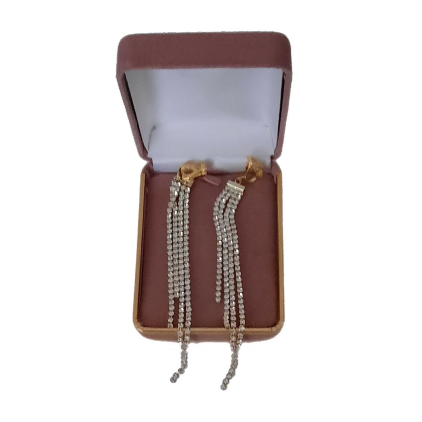 Very Long Diamante Strand Gold Clip On Earrings(2)