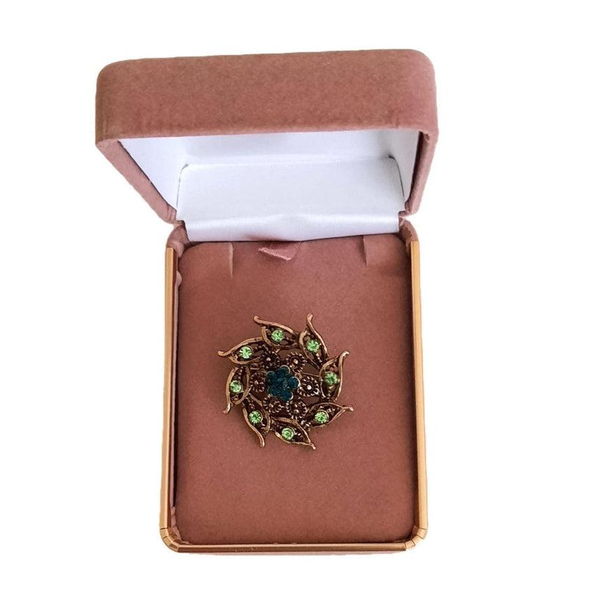 Vintage Inspired Small Green And Gold Brooch