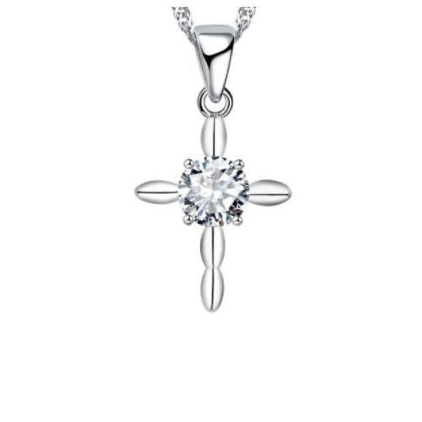 Wavy Silver Stem Cubic Zirconia Cross Pendant