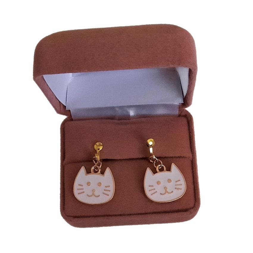 White Cat Clip On Earrings