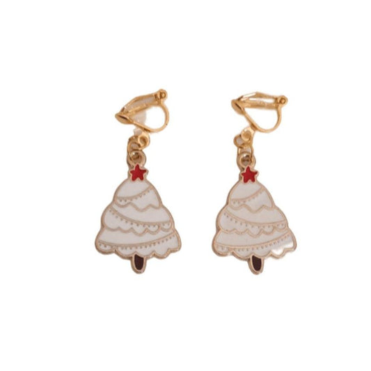 White Christmas Tree Clip On Earrings