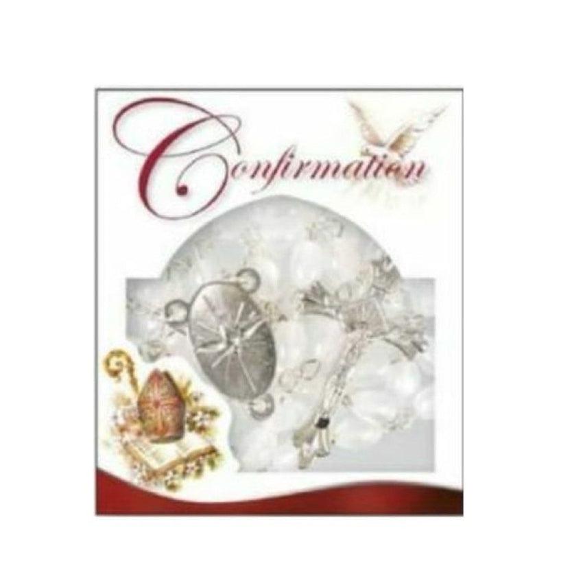 White Confirmation Rosary Beads in Gift Packaging