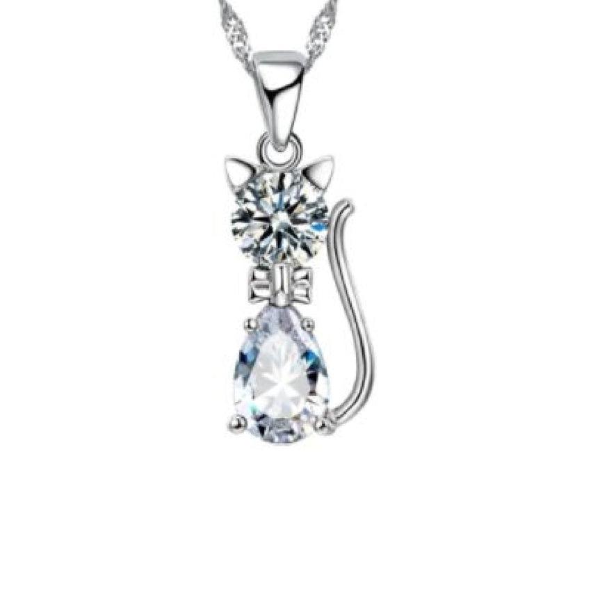 White Cubic Zirconia Sitting Cat Pendant