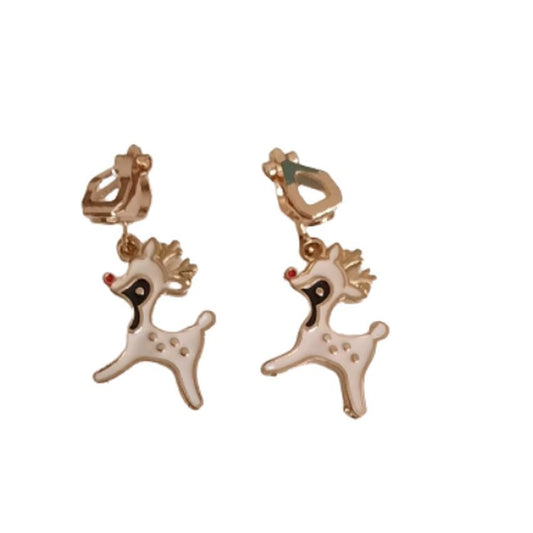 White Enamel Reindeer Christmas Clip On Earrings