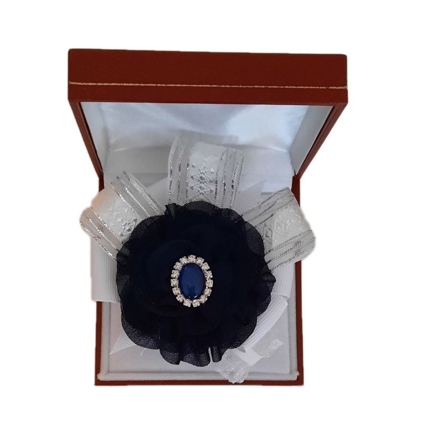 White Ribbon Navy Blue Flower Wrist Corsage