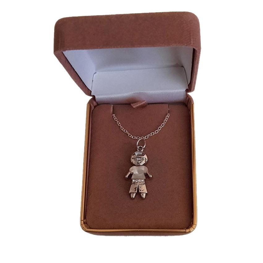 White Enamel Silver Boy Doll Pendant With Cubic Zirconia Detail Trousers