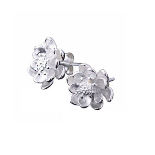 3D Effect Silver Open Flower Petals Earrings