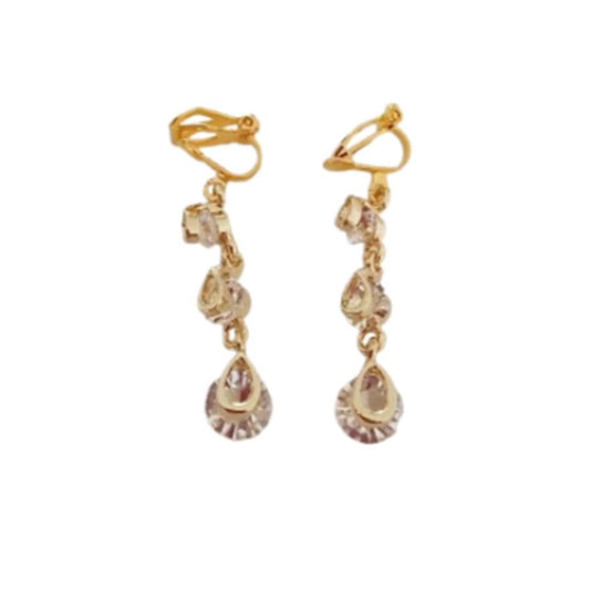 3 Drop Cubic Zirconia Gold Clip On Earrings