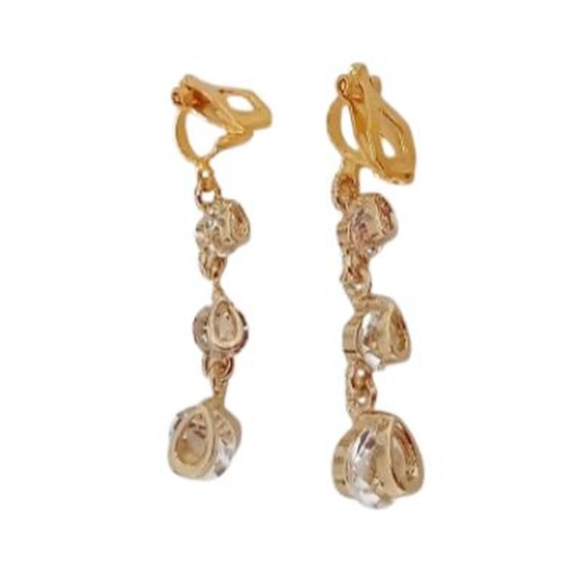 3 Drop Cubic Zirconia Gold Clip On Earrings