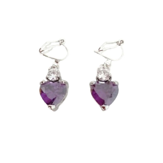 Amethyst Heart Drop Clip On Earrings