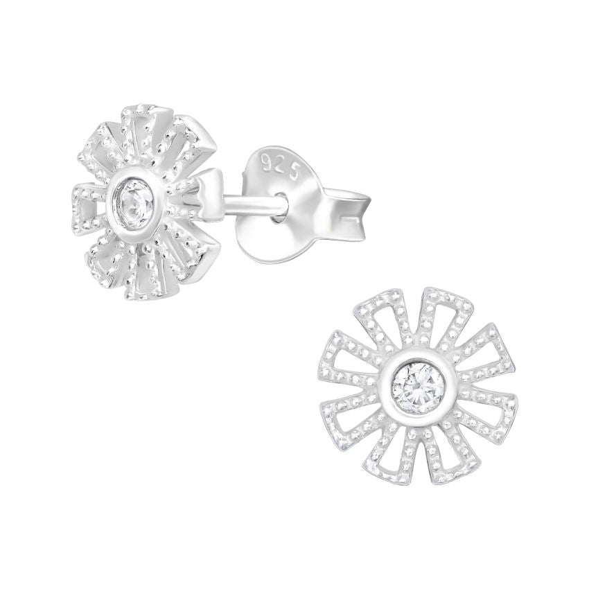 Baguette Flower Sterling Silver Stud Earrings