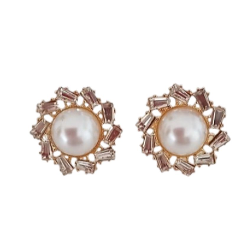 Baguette Stone Diamante Pearl Clip On Earrings