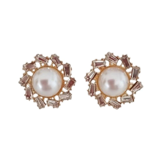 Baguette Stone Diamante Pearl Clip On Earrings