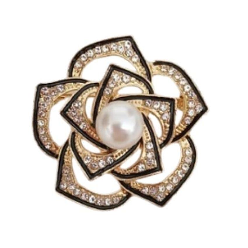 Black And Crystal Flower Brooch