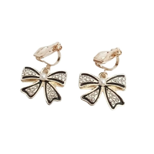 Black Bow Diamante Clip On Earrings