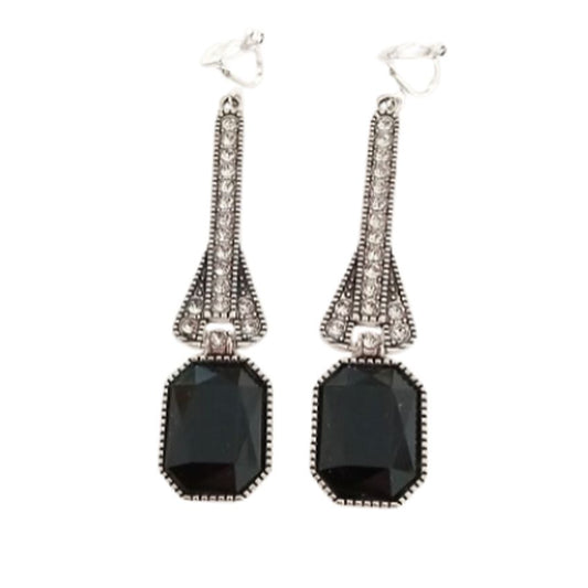 Black Diamante Drop Clip On Earrings