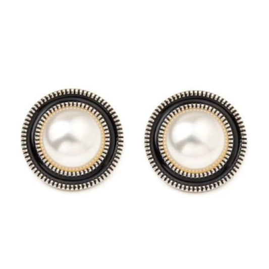 Black And Pearl Round Clip On Earrings