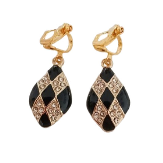Black Harlequin Pattern Clip On Earrings