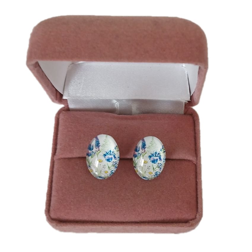 Blue And White Flower Cabochon Clip On Earrings(2)